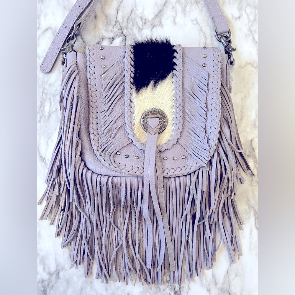 Montana West Genuine Leather Hair On Fringe Crossbody lavender